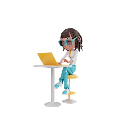 Une femme s'assoit et se concentre avec un ordinateur portable à table  3D Icon