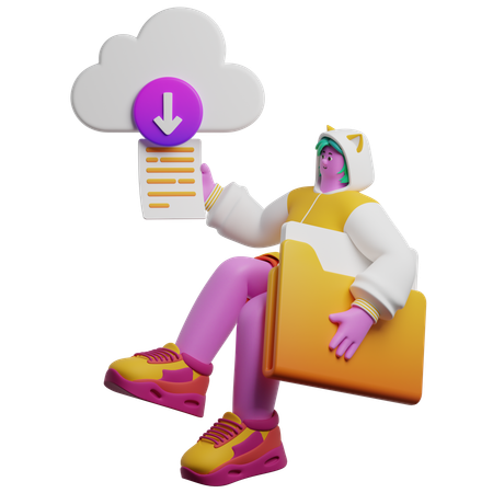 Une femme télécharge des fichiers depuis le cloud  3D Icon