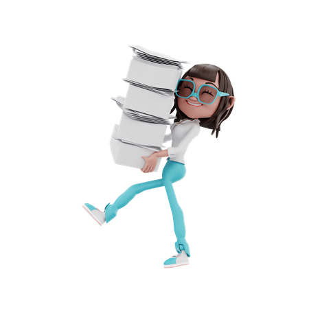 Une femme transporte beaucoup de fichiers  3D Icon