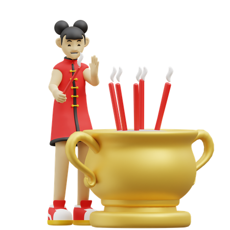 Une fille chinoise se tient près des bâtons d'encens  3D Icon