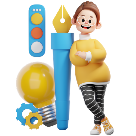Une fille debout avec un stylo plume tout en travaillant à la création d'une marque visuelle  3D Icon