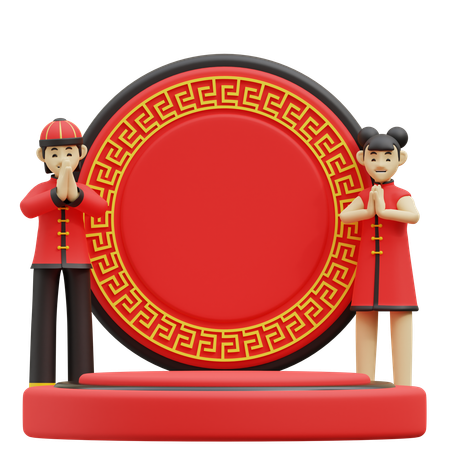 Une fille et un garçon chinois se félicitent sur le podium rouge  3D Icon