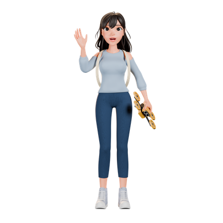 Une fille fait fonctionner un drone tout en agitant la main  3D Icon