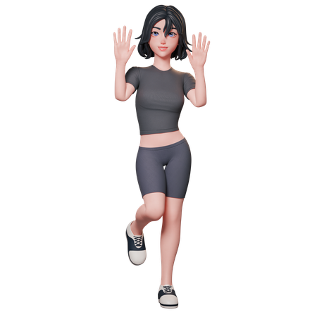 Une fille sportive en noir lève sa main et montre un geste de salutation en utilisant ses deux mains  3D Icon