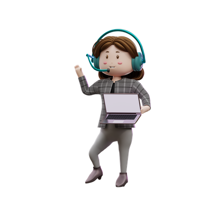 Une responsable du service client tient un ordinateur portable avec un espace publicitaire  3D Icon