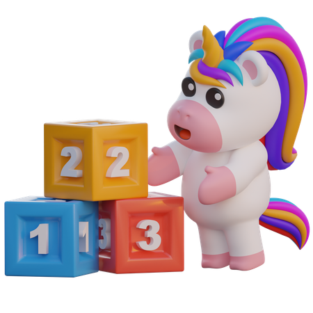 Unicorn Arrange Number Blocks  3D Illustration