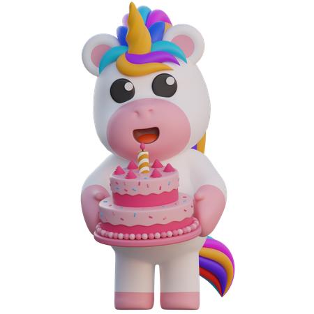 Unicorn Brings Birthday Cake  3D Illustration