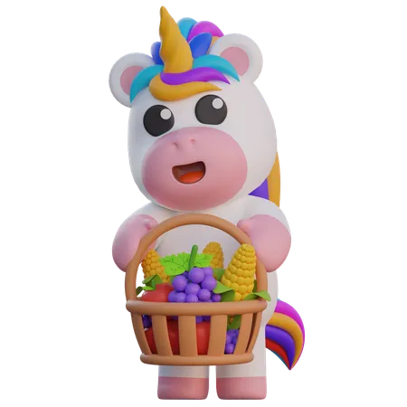 Unicorn Carrying Fruit Basket  3D Illustration