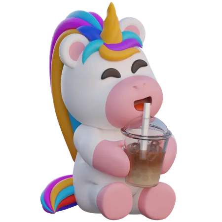 Unicorn Drinking Bubble Tea  3D Illustration