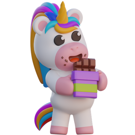 Unicorn Eating Chocolate Bar  3D Illustration