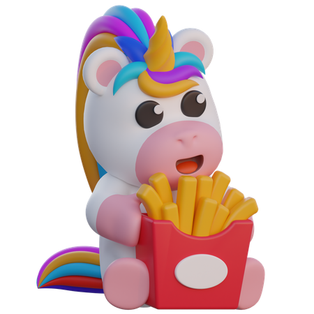 Unicorn Eating French Fries  3D Illustration