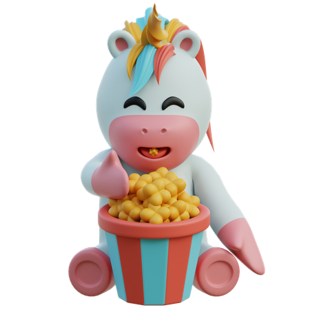 Unicorn Eating Popcorn  3D Illustration