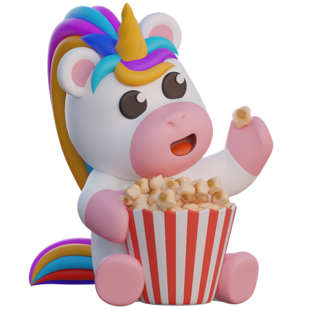 Unicorn Eating Popcorn  3D Illustration