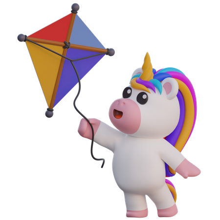 Unicorn Flying A Kite  3D Illustration