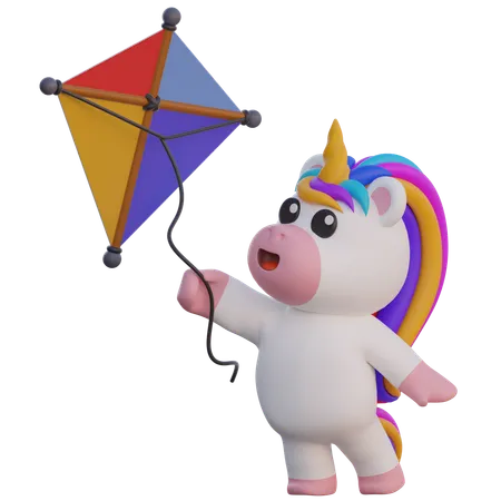 Unicorn Flying A Kite  3D Illustration