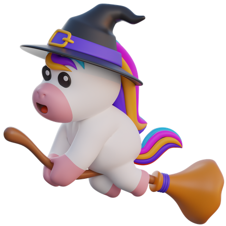 Unicorn Flying With Broomstick  3D Illustration