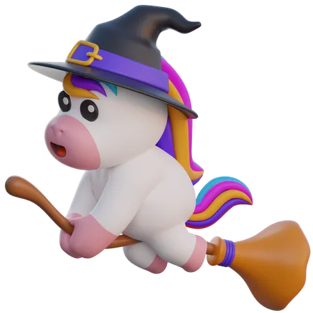 Unicorn Flying With Broomstick  3D Illustration