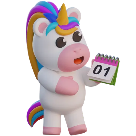 Unicorn Holding Calendar  3D Illustration