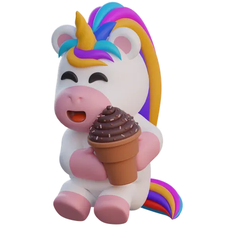 Unicorn Holding Chocolate Ice Cream  3D Illustration