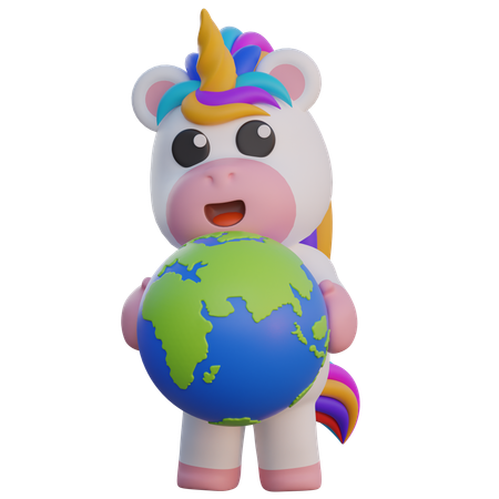 Unicorn Holding Earth  3D Illustration