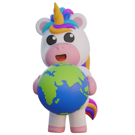 Unicorn Holding Earth  3D Illustration