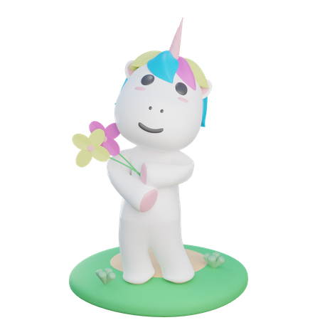 Unicorn Holding Flower  3D Illustration