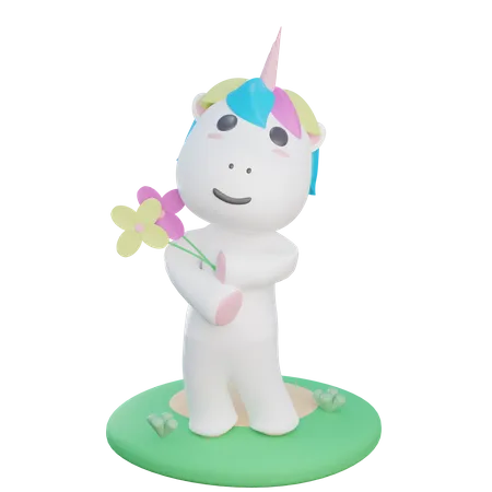 Unicorn Holding Flower  3D Illustration