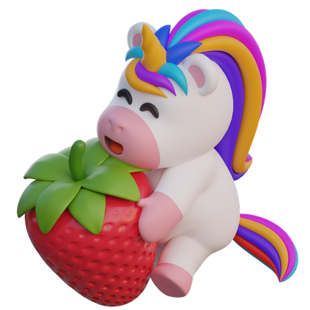 Unicorn Hugging A Strawberry  3D Illustration