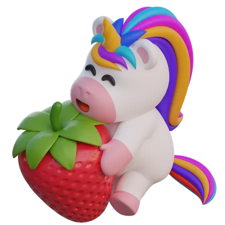 Unicorn Hugging A Strawberry  3D Illustration