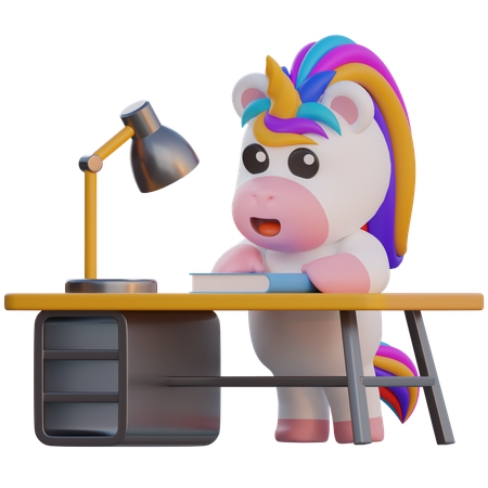 Unicorn is Studying at the Desk  3D Illustration