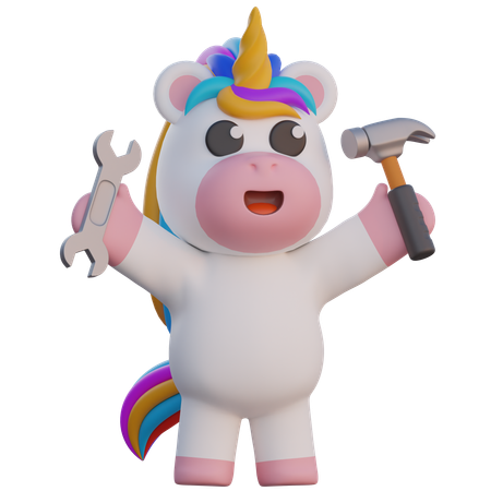 Unicorn Lifts Hammer And Wrench  3D Illustration