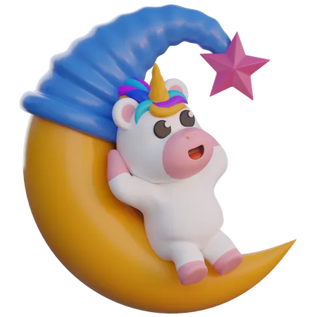 Unicorn Lying On The Moon  3D Illustration