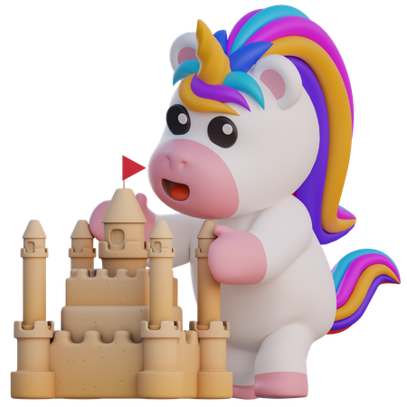 Unicorn Make Sand Castles  3D Illustration