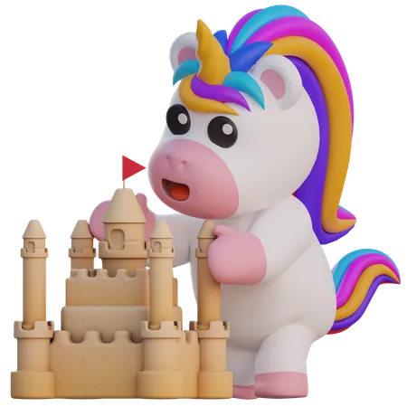 Unicorn Make Sand Castles  3D Illustration