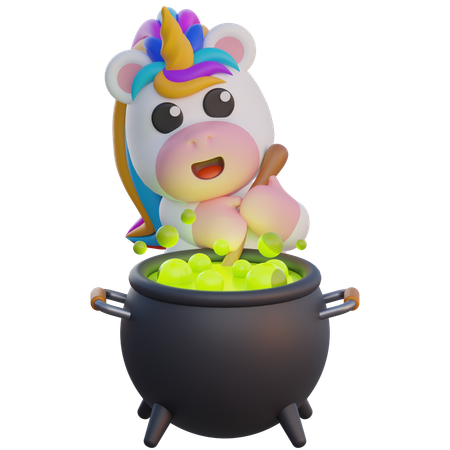 Unicorn Making Potions in Cauldron  3D Illustration