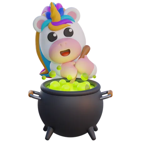 Unicorn Making Potions in Cauldron  3D Illustration