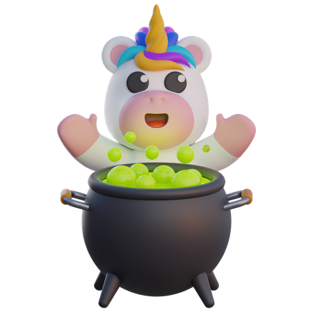 Unicorn Making Potions in Cauldron  3D Illustration