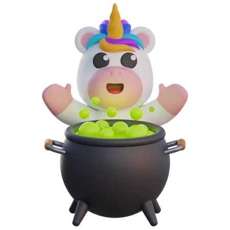 Unicorn Making Potions in Cauldron  3D Illustration