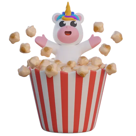 Unicorn On Popcorn Cup  3D Illustration