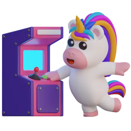 Unicorn Playing Arcade Games  3D Illustration