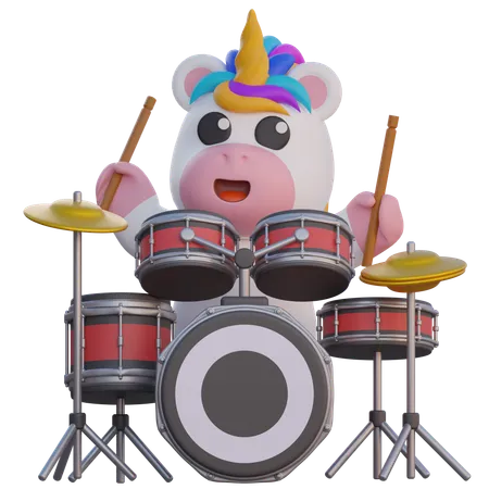 Unicorn Playing Drum  3D Illustration