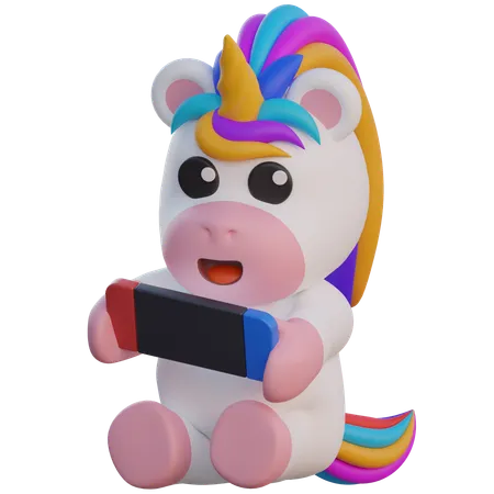 Unicorn Playing Handheld Gaming Console  3D Illustration