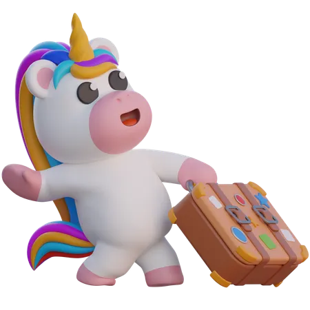 Unicorn Pulling Suitcases  3D Illustration