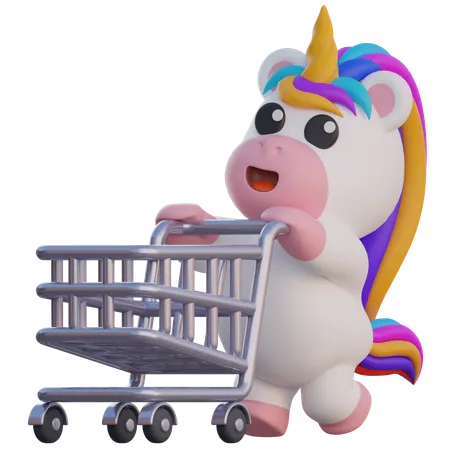 Unicorn Pushing a Grocery Cart  3D Illustration