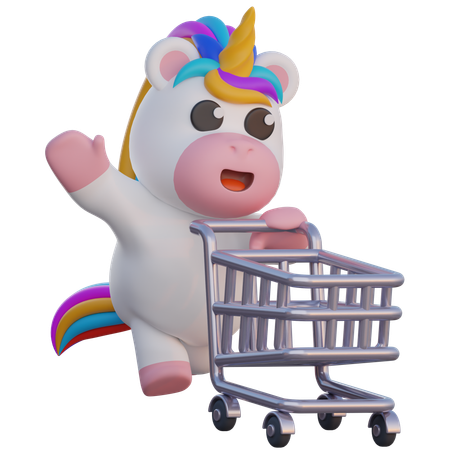 Unicorn Pushing a Grocery Cart  3D Illustration