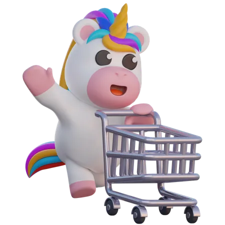 Unicorn Pushing a Grocery Cart  3D Illustration