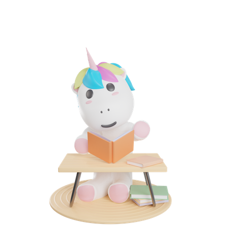 Unicorn Reading Book  3D Illustration