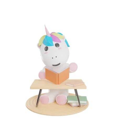 Unicorn Reading Book  3D Illustration