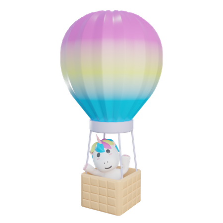 Unicorn Riding Hot Air Balloon 3D Illustration