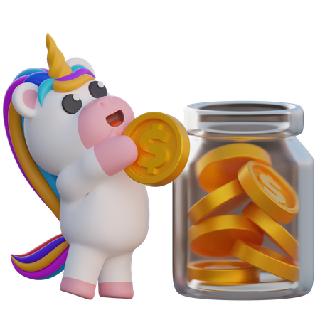 Unicorn Saving Money in Jar  3D Illustration